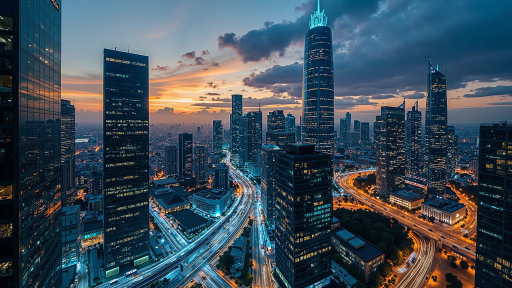 金融中心写字楼群夜景，灯光璀璨现代化都市风貌，车流穿梭
